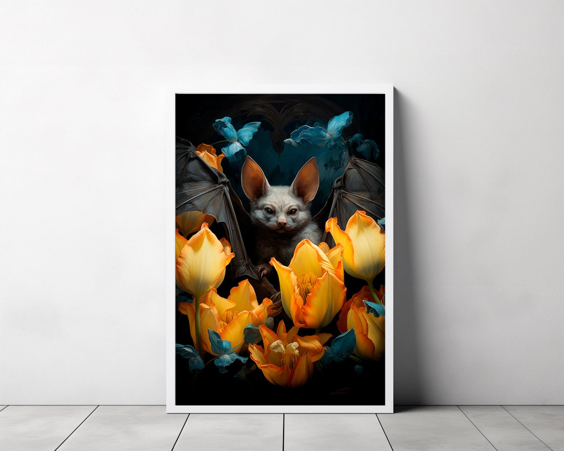 Whimsical Fruit Bat Among Golden Tulips Dark Botanical Art Poster - Image 3