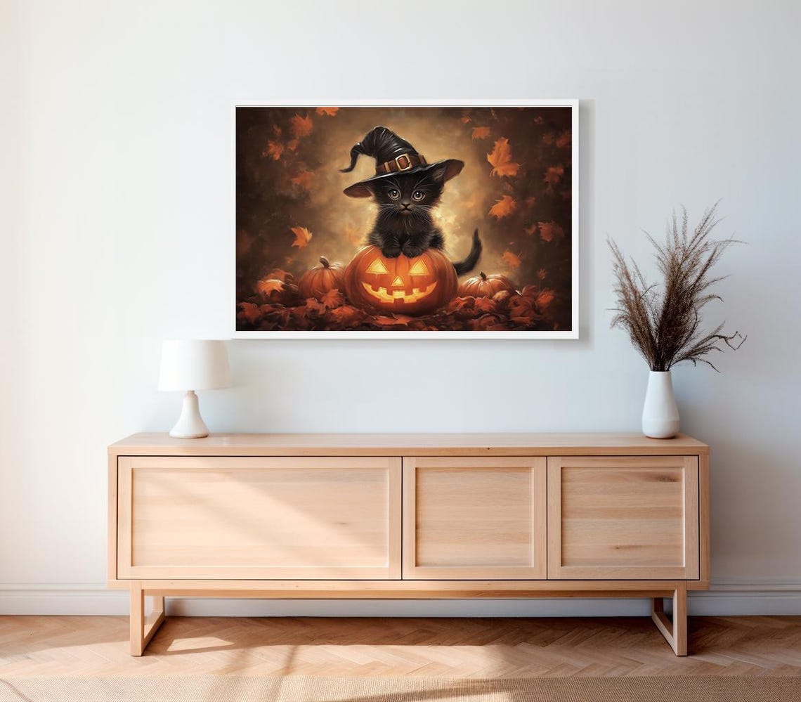 Black Kitten in Witch Hat on Jack-O-Lantern Halloween Poster - Image 2