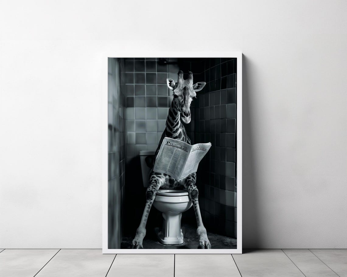 Giraffe On The Toilet Reading The Newspaper Dark Tile B&W Poster - Image 3