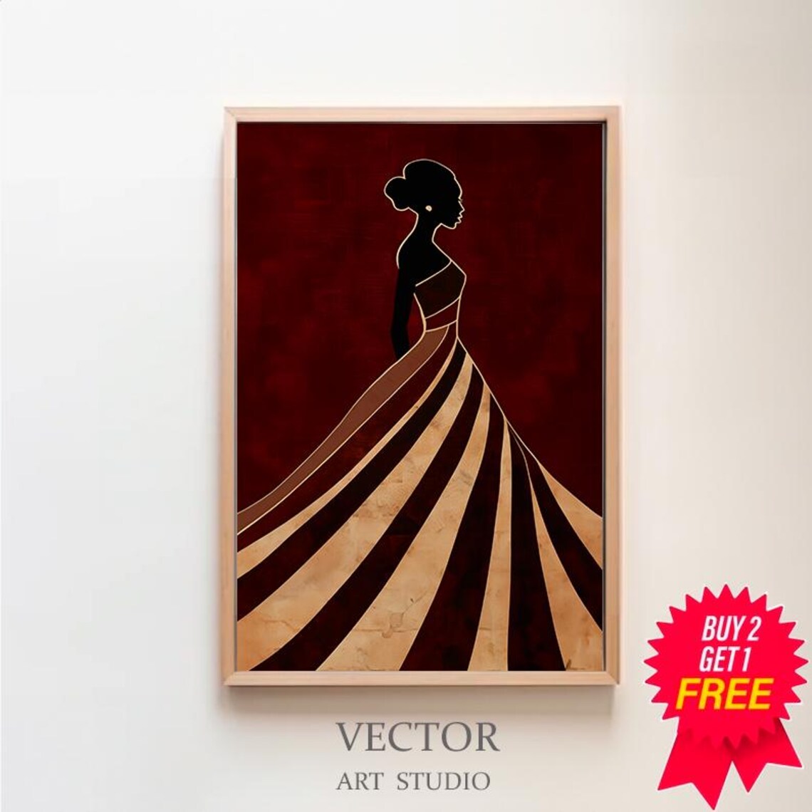 Flowing Gown Silhouette Burgundy Gold Stripes Fashion Poster