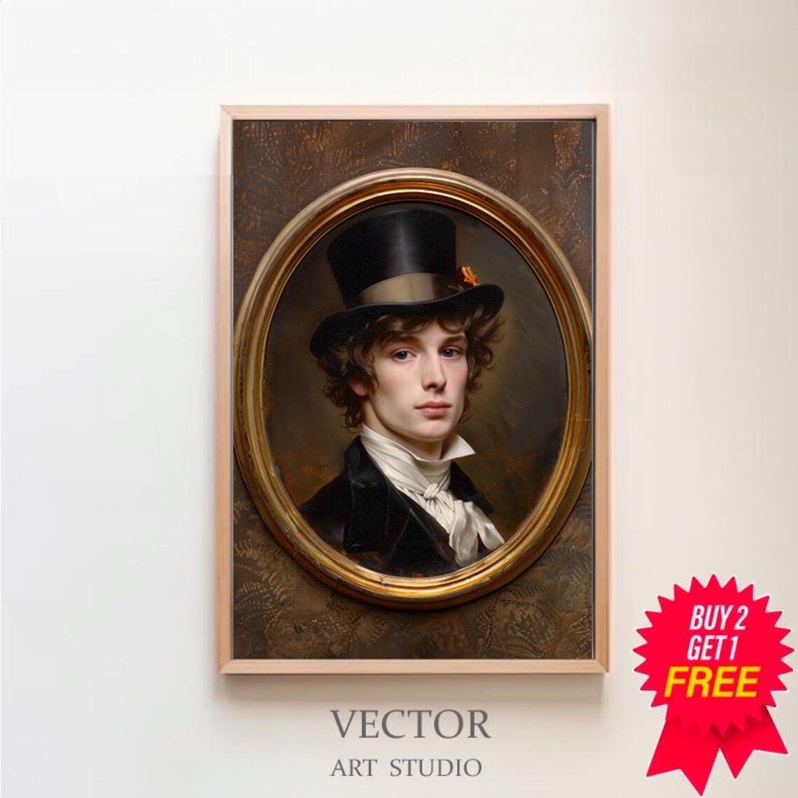 Vintage Oval Portrait of a Gentleman in a Top Hat Oil Painting Poster