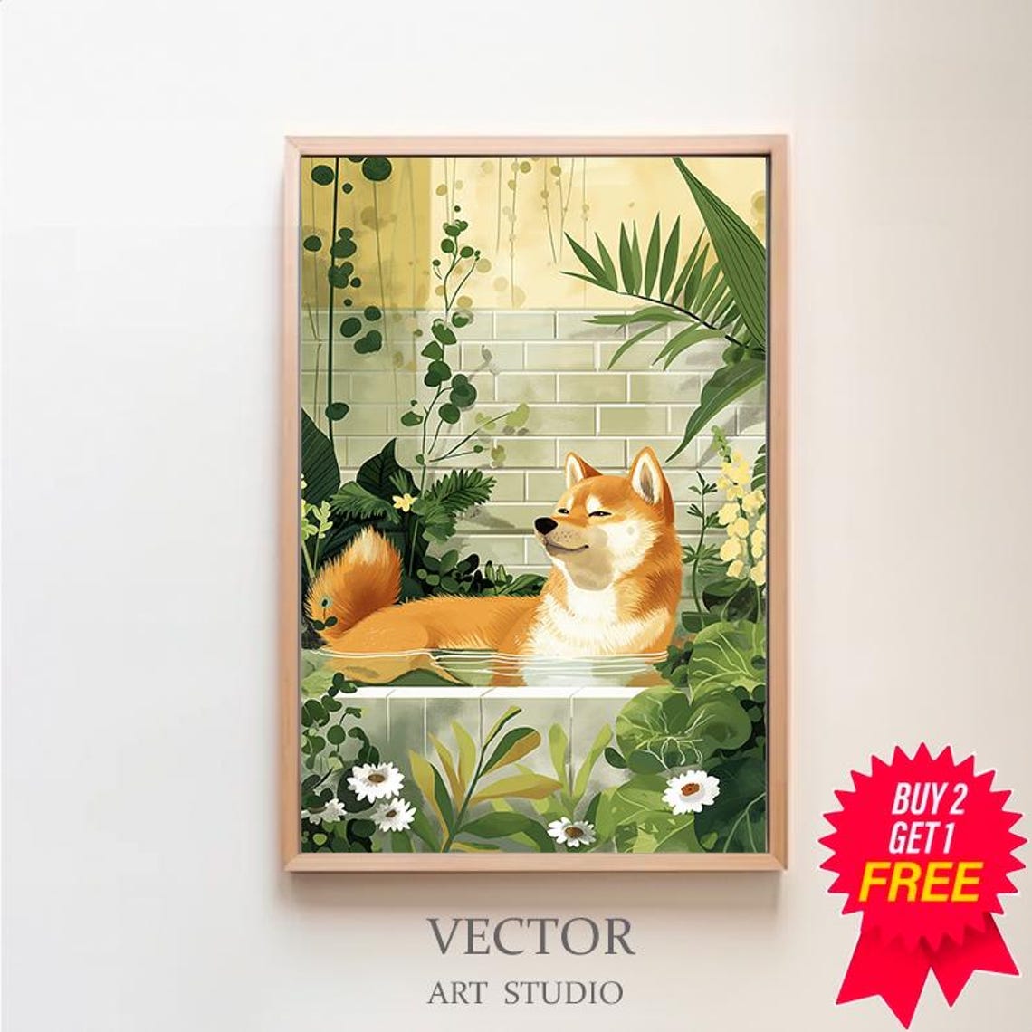 Shiba Inu Lounging in Bathtub Surrounded by Daisy Garden Poster