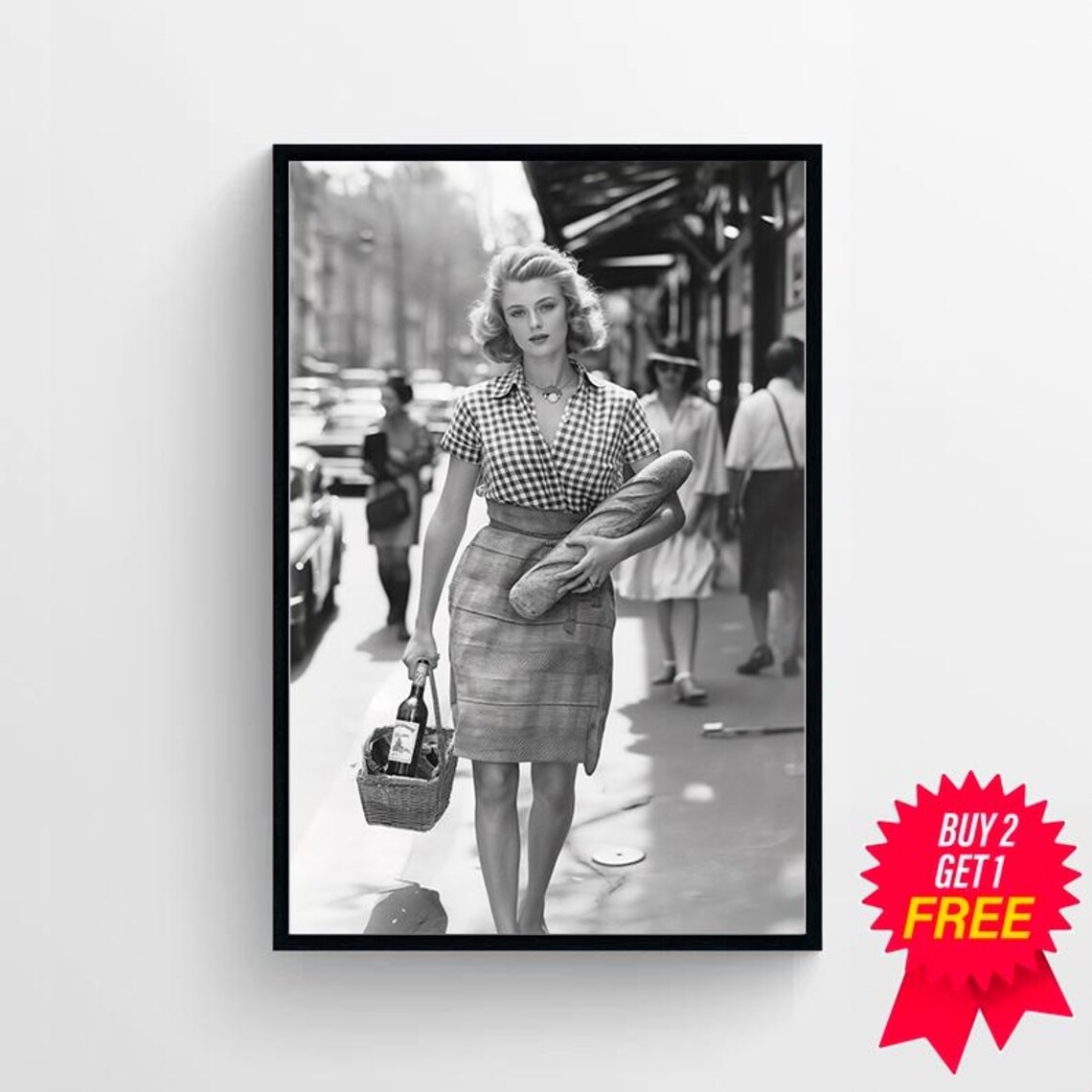 Parisian Woman with Baguette and Wine Vintage Street Photo Art Print - Image 4