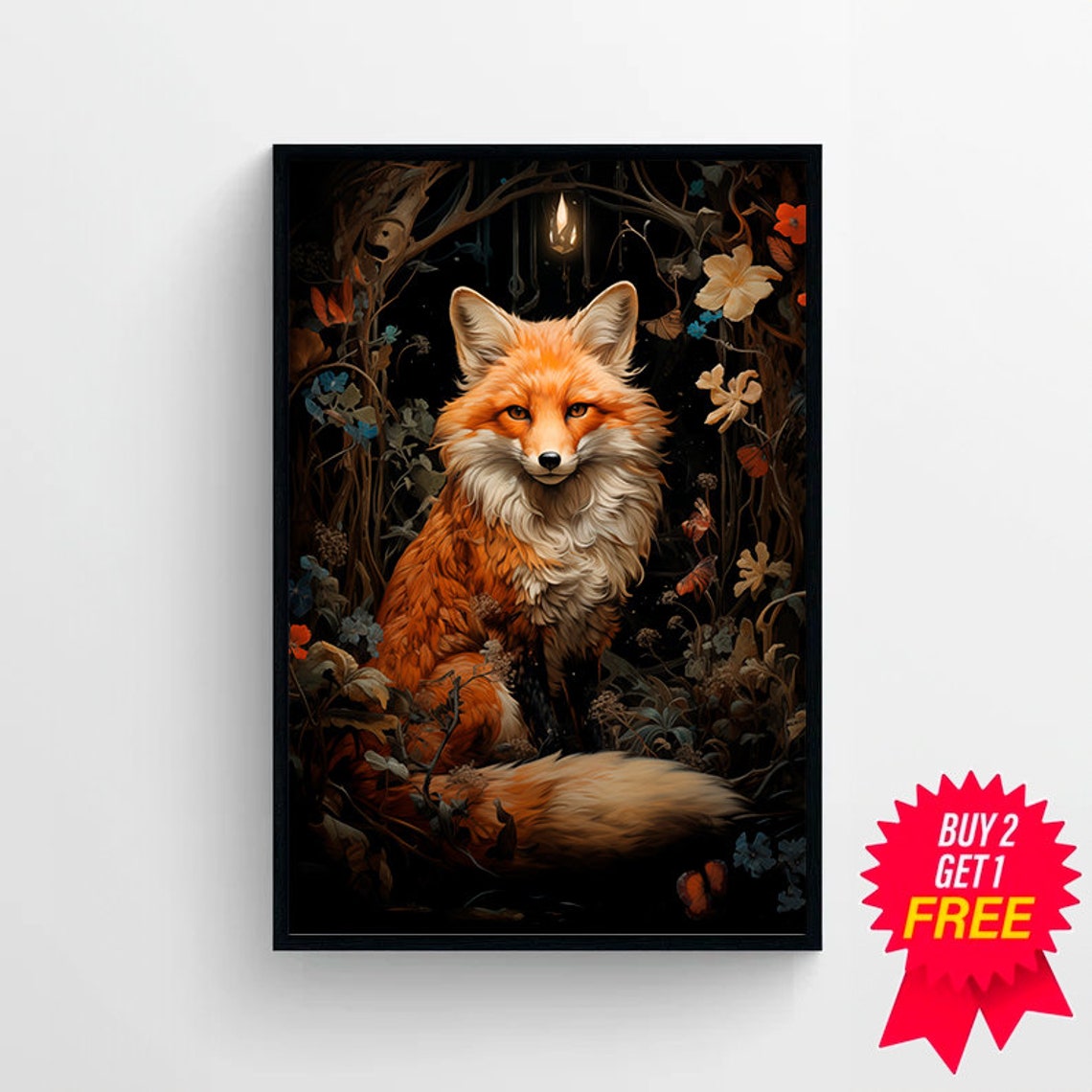 Red Fox Beneath A Hanging Lantern In A Moonlit Forest Poster - Image 4