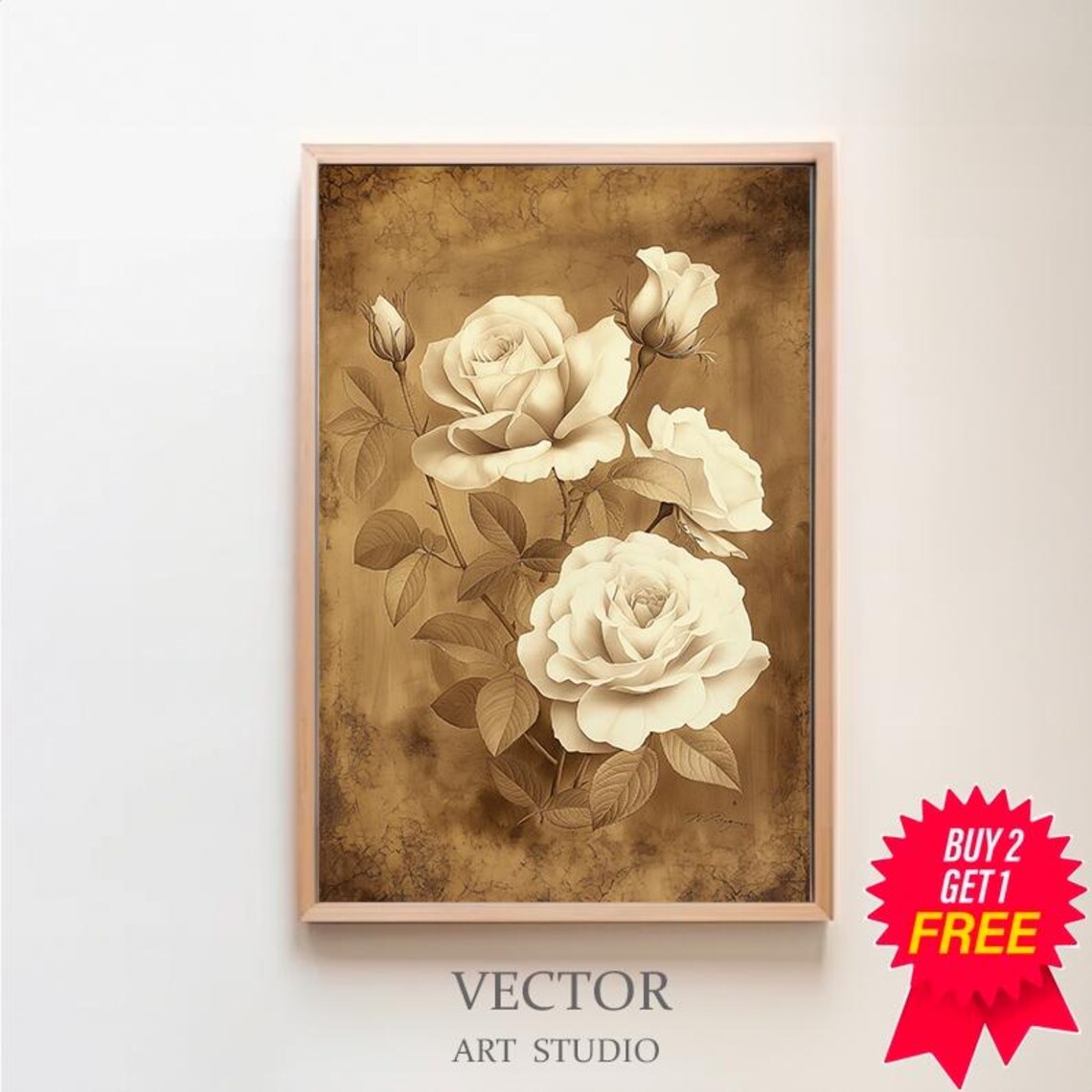 Antique Ivory Rose Bouquet Sepia Floral Botanical Vintage Poster
