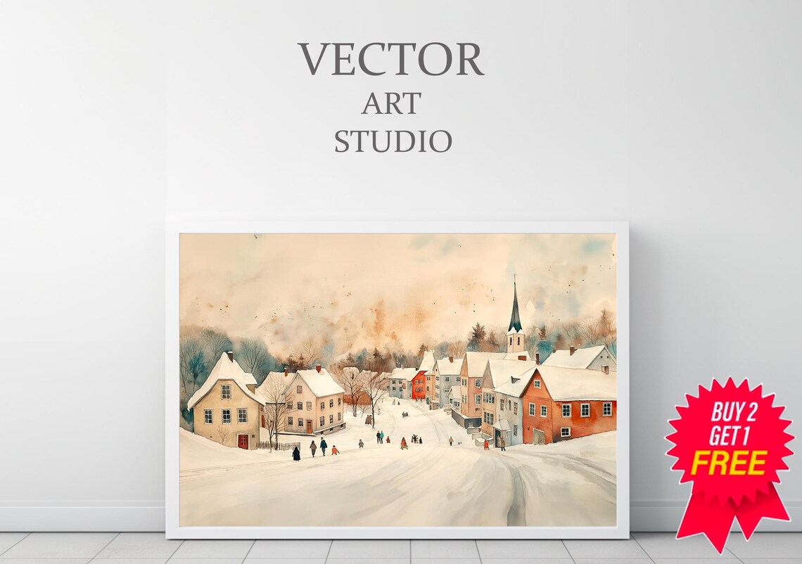 Snowy Winter Village With Church Watercolor Christmas Scene Poster - Image 3