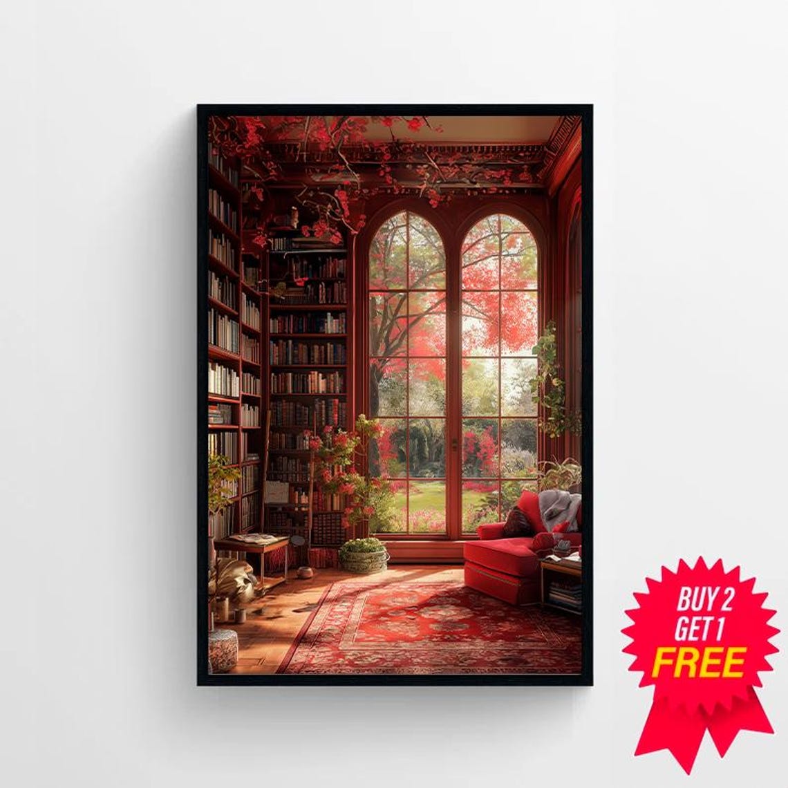 Romantic Crimson Rose-Filled Red Library Garden Windows Poster - Image 4