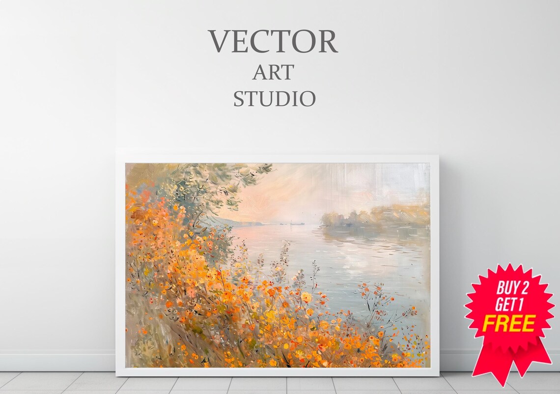 Lakeside Golden Wildflowers at Sunset Impressionist Nature Poster - Image 3