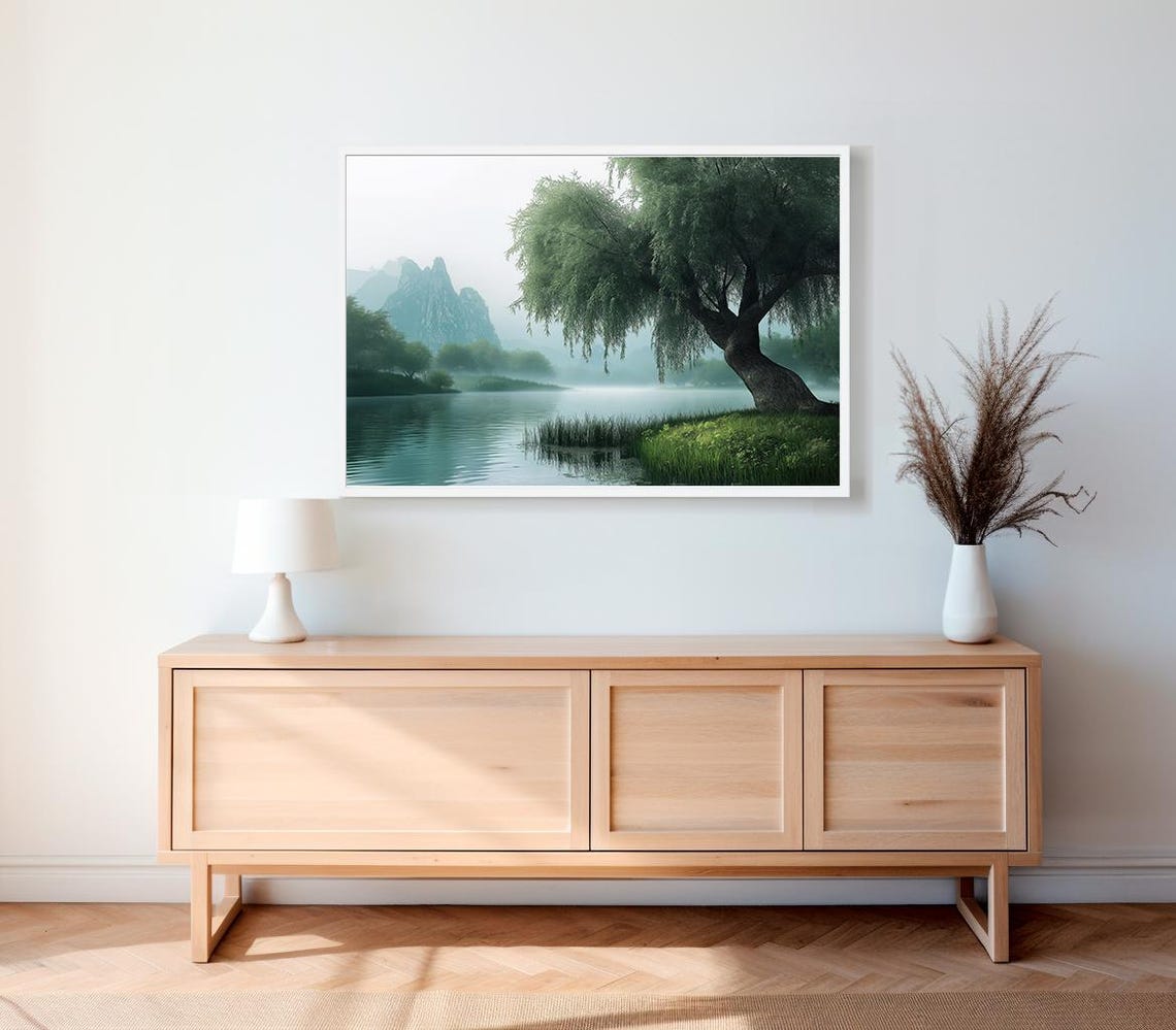 Weeping Willow by a Misty Lake With Jagged Blue Mountain Peaks Poster - Image 2