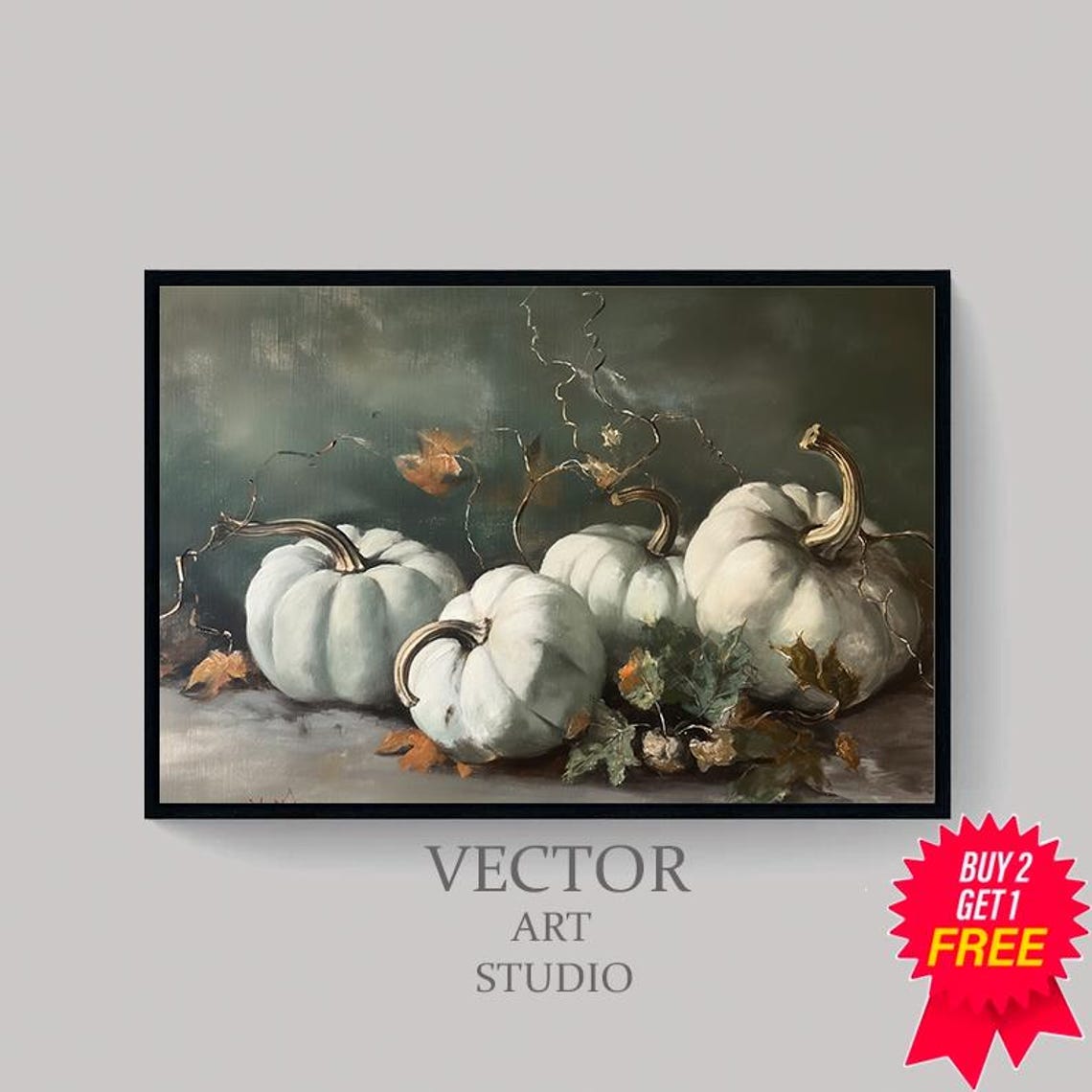 White Pumpkin Cluster With Vines Dark Moody Still Life Poster - Image 4