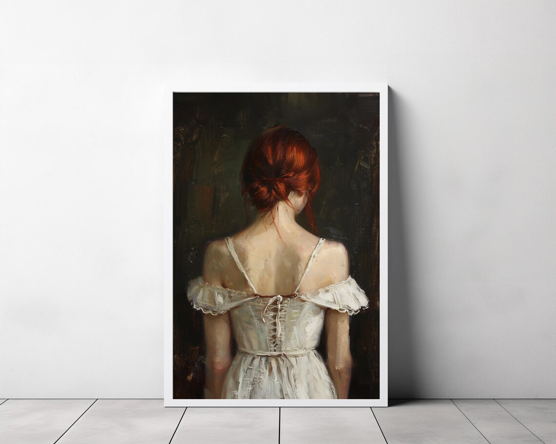 Back View of a Redhead Woman in White Lace Oil Painting Poster - Image 3