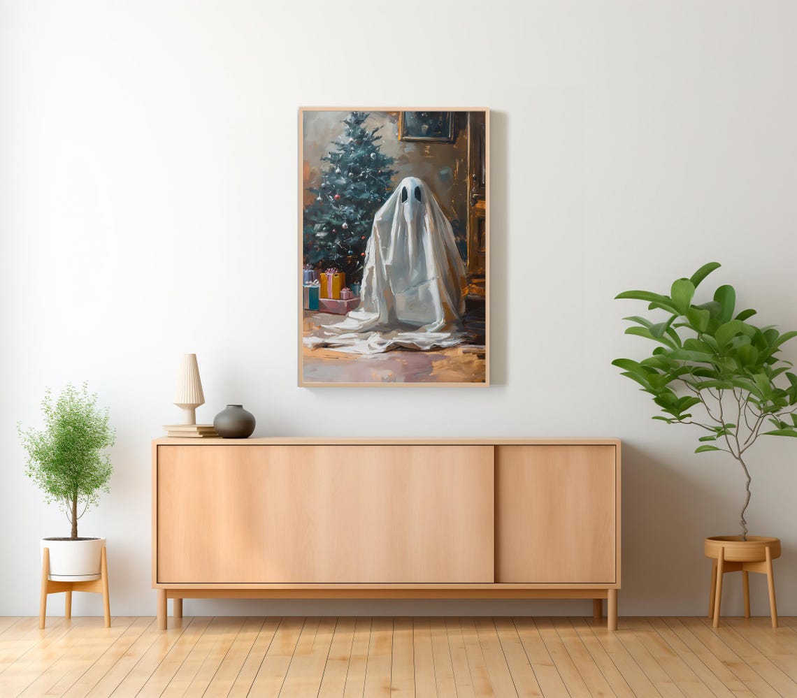 Sheet Ghost By Christmas Tree Grey Holiday Vintage Decor Poster - Image 2