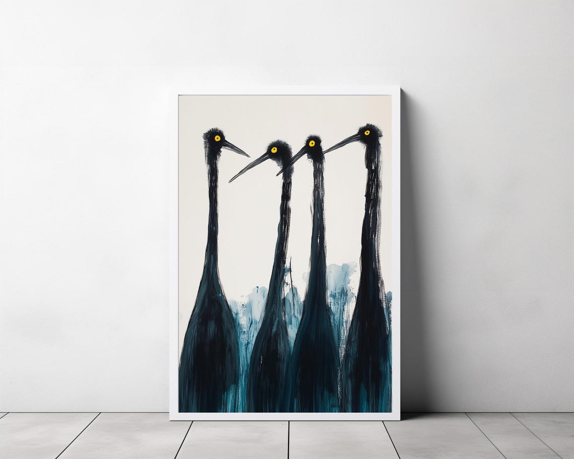 Four Black Cranes Minimalist Japanese Style Watercolor Art Poster - Image 3