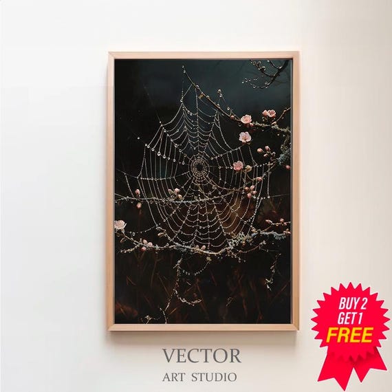 Spider Web Dark Forest Core Dark Cottagecore Academia Botanical Floral Wall Art Decor Moody Vintage Oil Painting