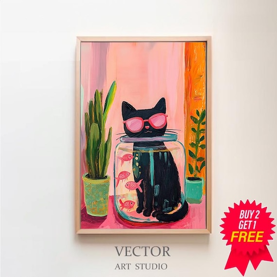 Playful Black Cat Wearing Pink Sunglasses Inside a Fish Bowl Poster