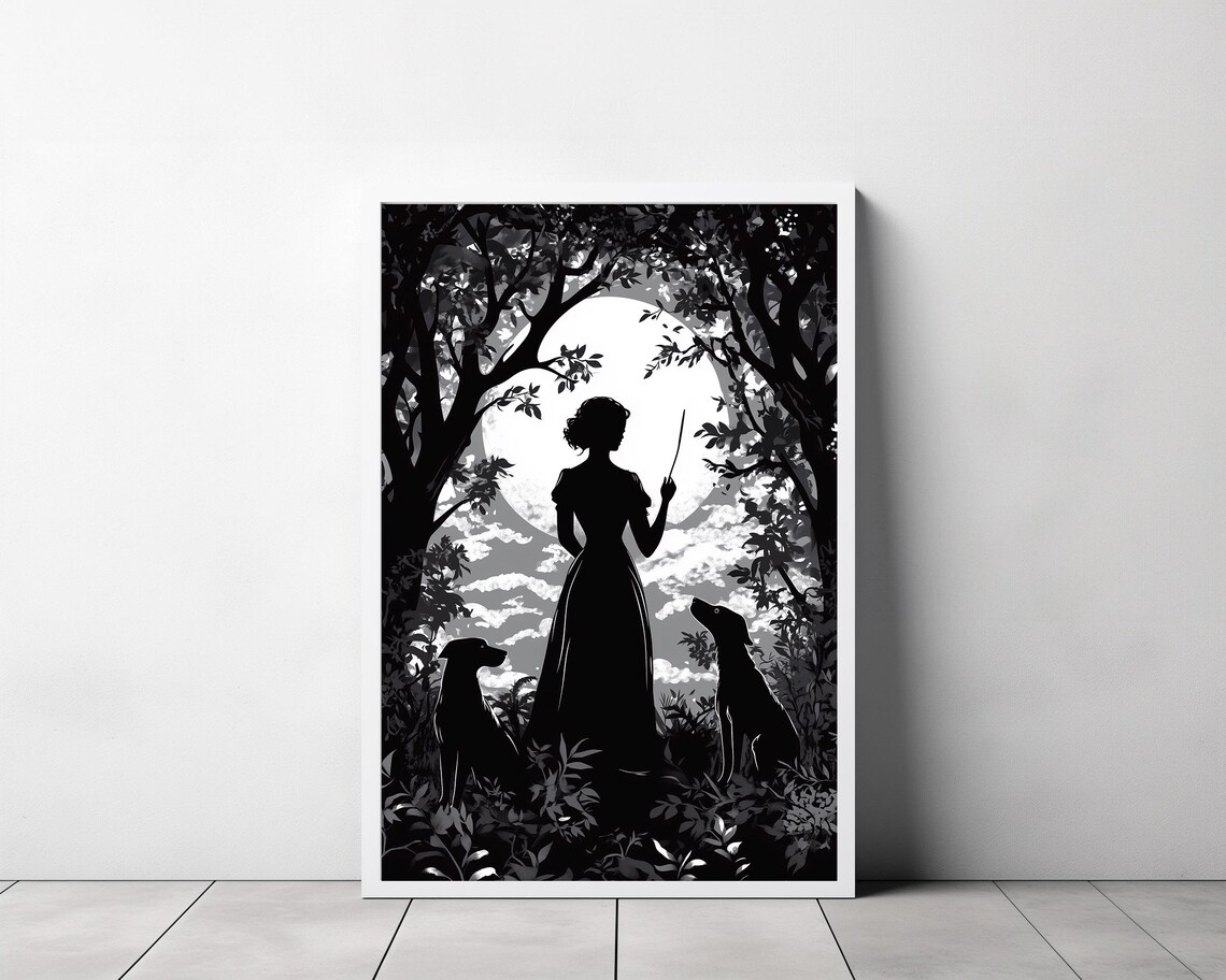 Hecate Goddess Silhouette Holding Staff Full Moon Forest Night Poster - Image 3