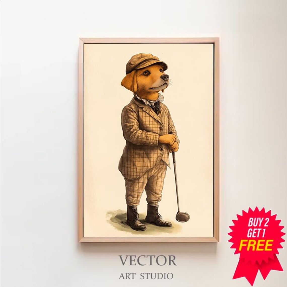 Golden Labrador Puppy Golfer in a Tweed Suit and Flat Cap Poster