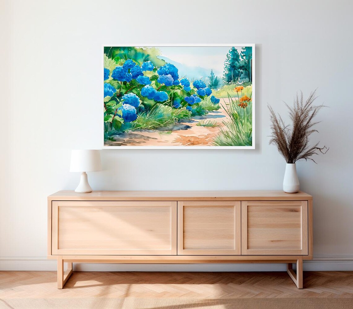Bright Blue Hydrangeas Watercolor Garden Path Sunny Floral Poster - Image 2