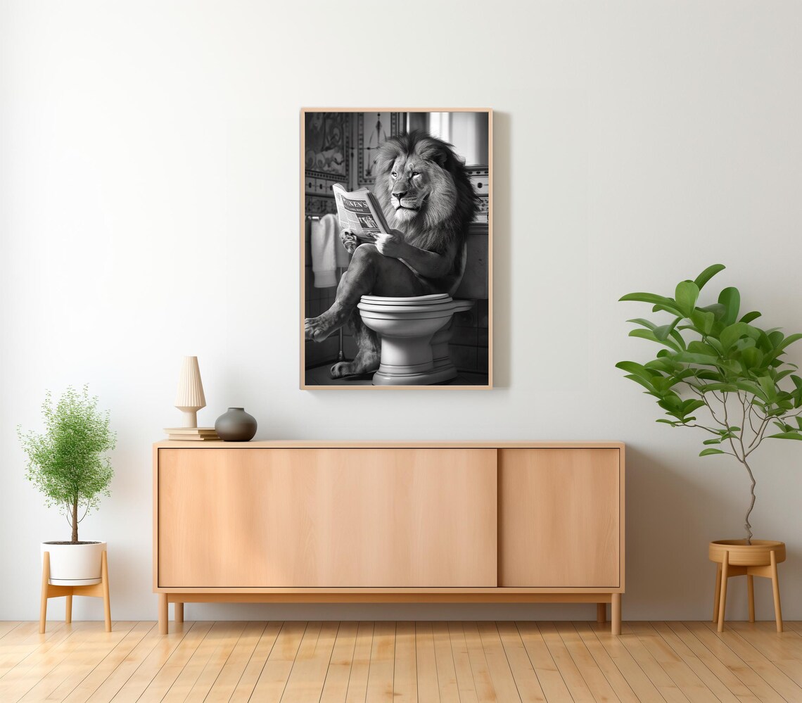 Lion in Toilet Bathroom Art Print, Black and White - Image 2