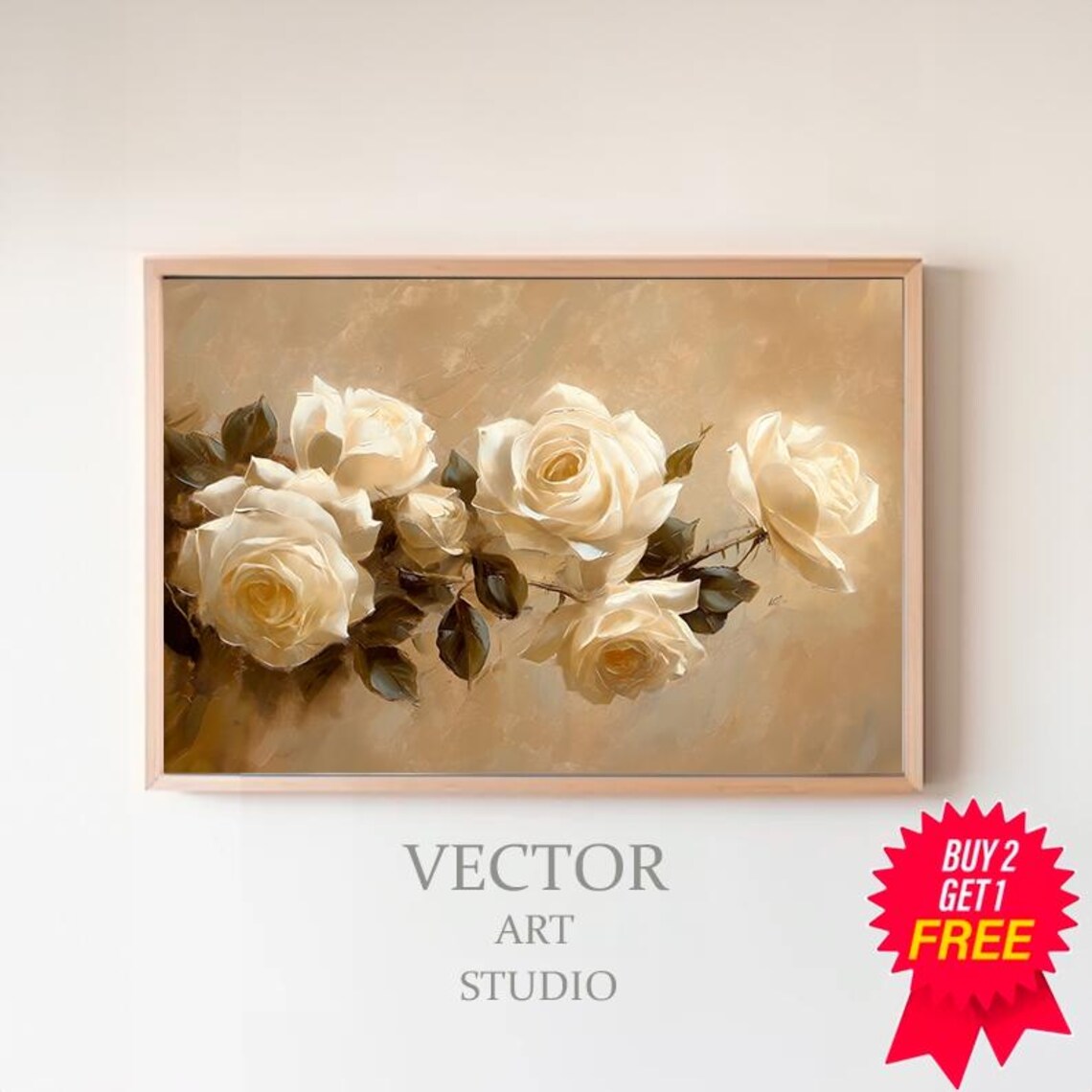 White Cream Roses Blooming Branch Vintage Neutral Floral Art Poster