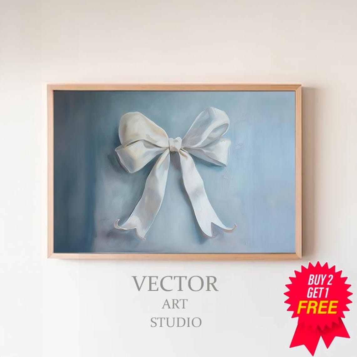 White Silk Bow On Soft Blue Grey Vintage Nursery Wall Poster