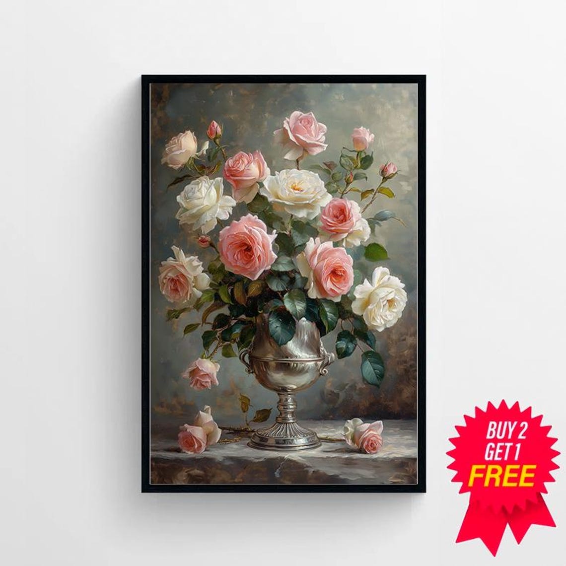 Pink and White Roses in Silver Urn Classic Floral Still Life Poster - Image 4