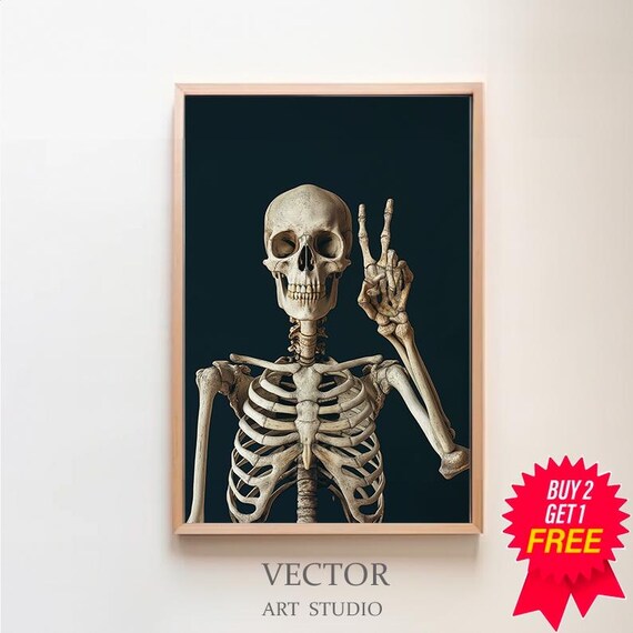 Realistic Human Skeleton Making a Peace Sign on Black Art Poster