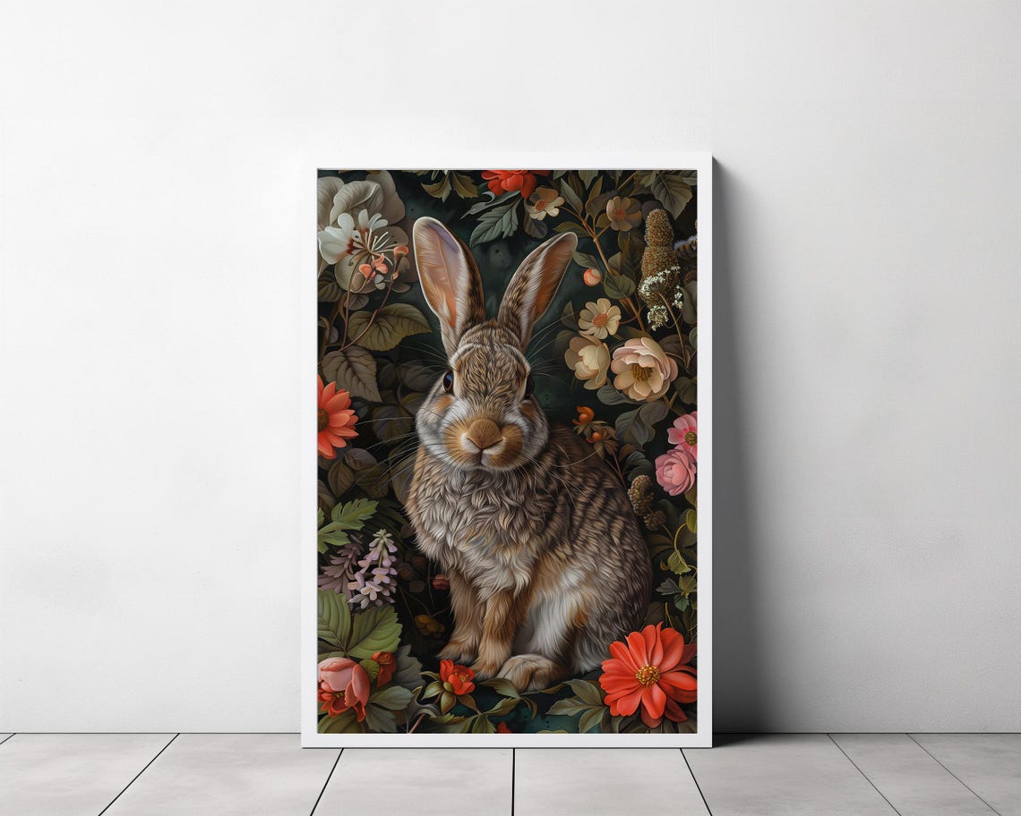 Vintage Bunny Rabbit Among Roses Botanical Floral Art Nouveau Poster - Image 3