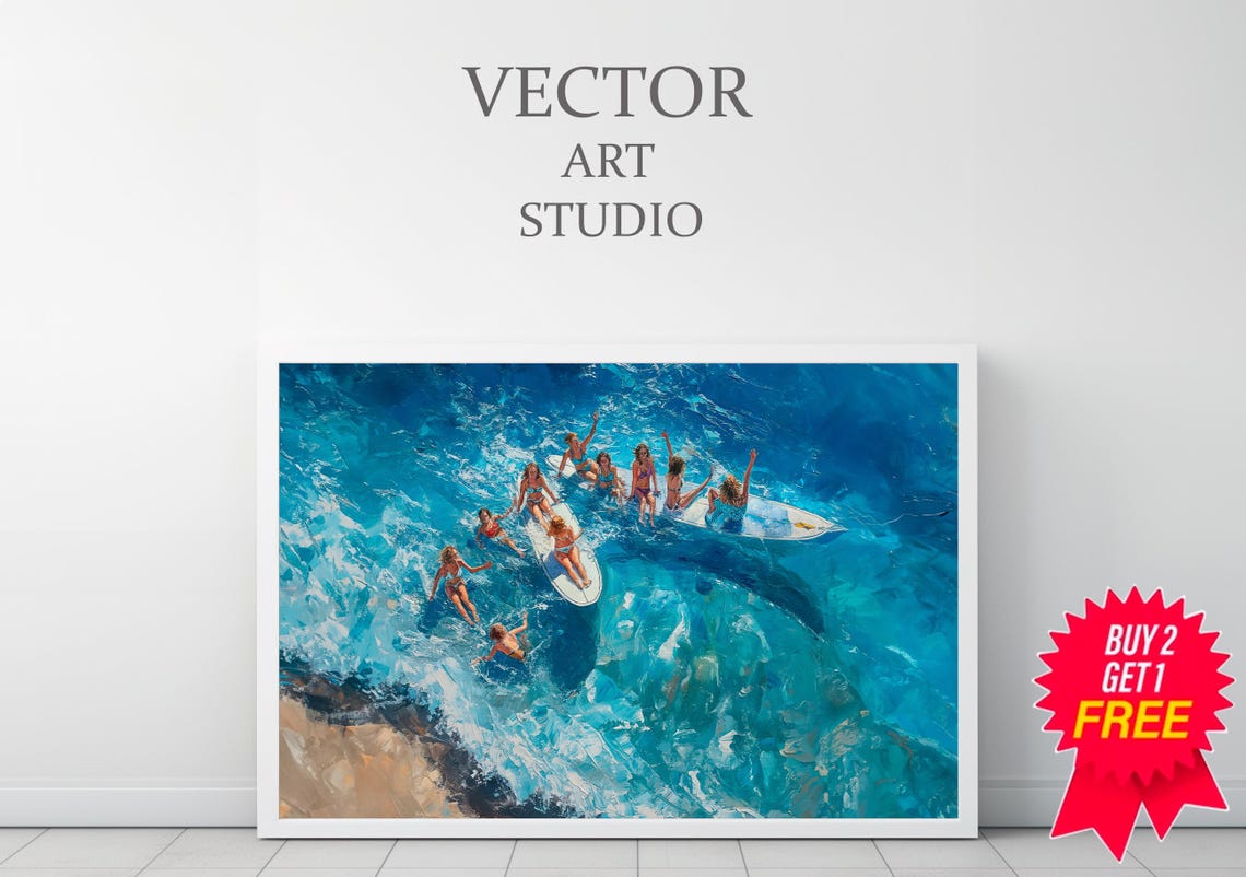 Surfer Girls Circle Surfboards Deep Blue Ocean Watercolor Poster - Image 3
