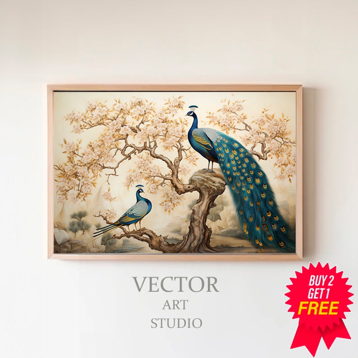 Two Peacocks Gnarled Tree Chinoiserie Garden Flowering Wall Poster