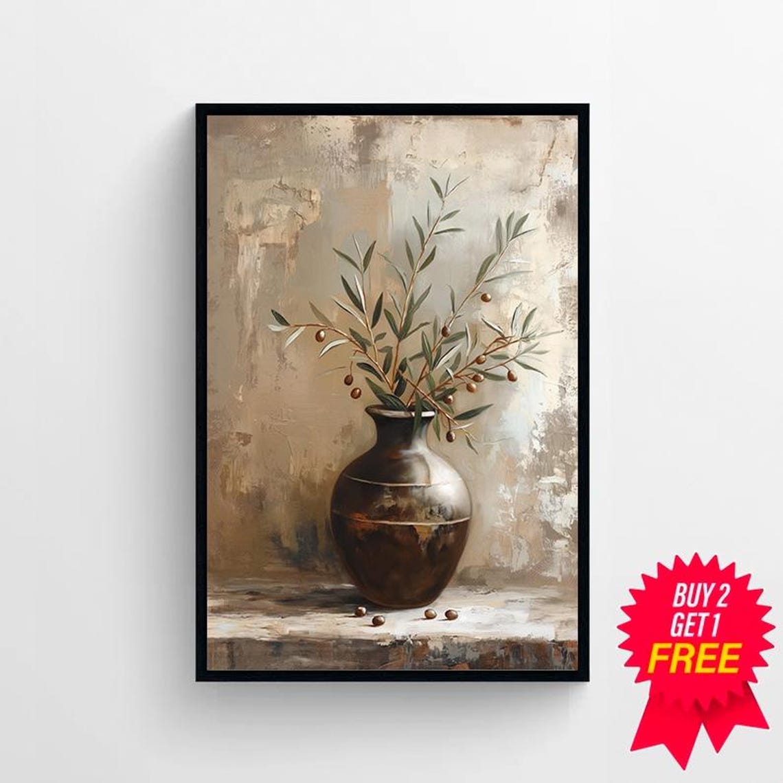 Moody Dark Brown Ceramic Vase with Olive Sprigs Still Life Poster - Image 4