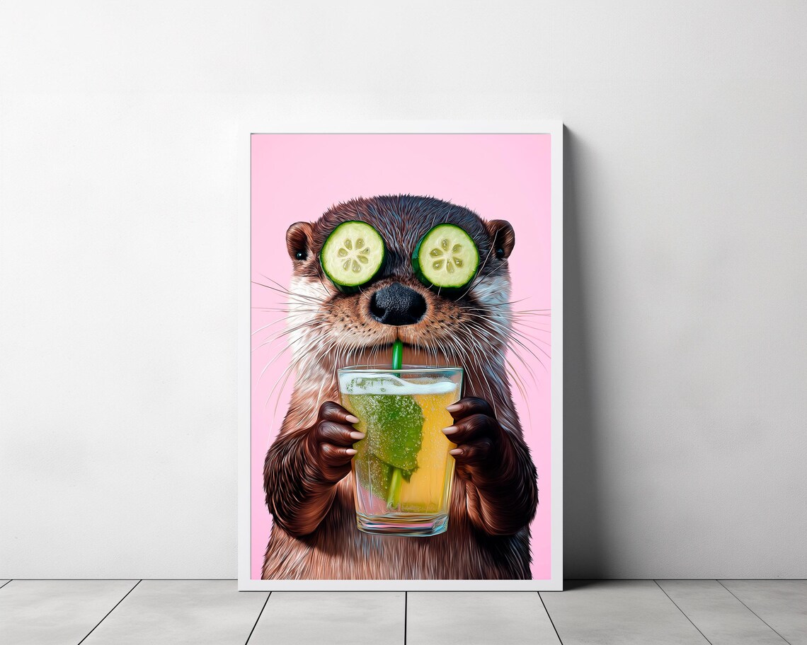 Otter with Cucumber Spa Eyes Drinking a Cocktail Pink Funny Animal Poster - Image 3