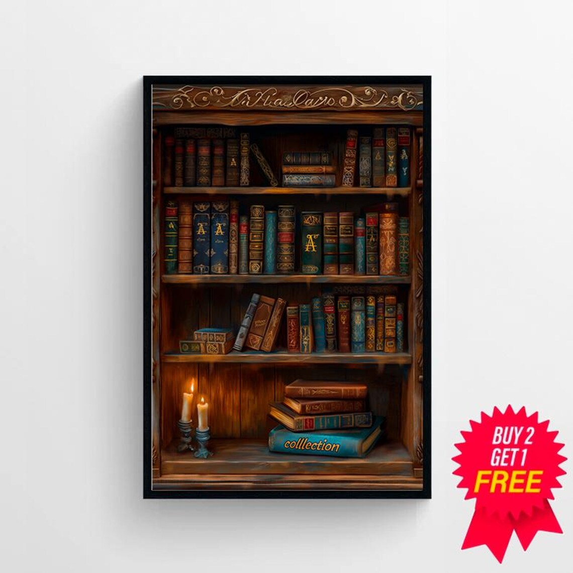 Victorian Bookshelf With Antique Books Candles Dark Academia Poster - Image 4
