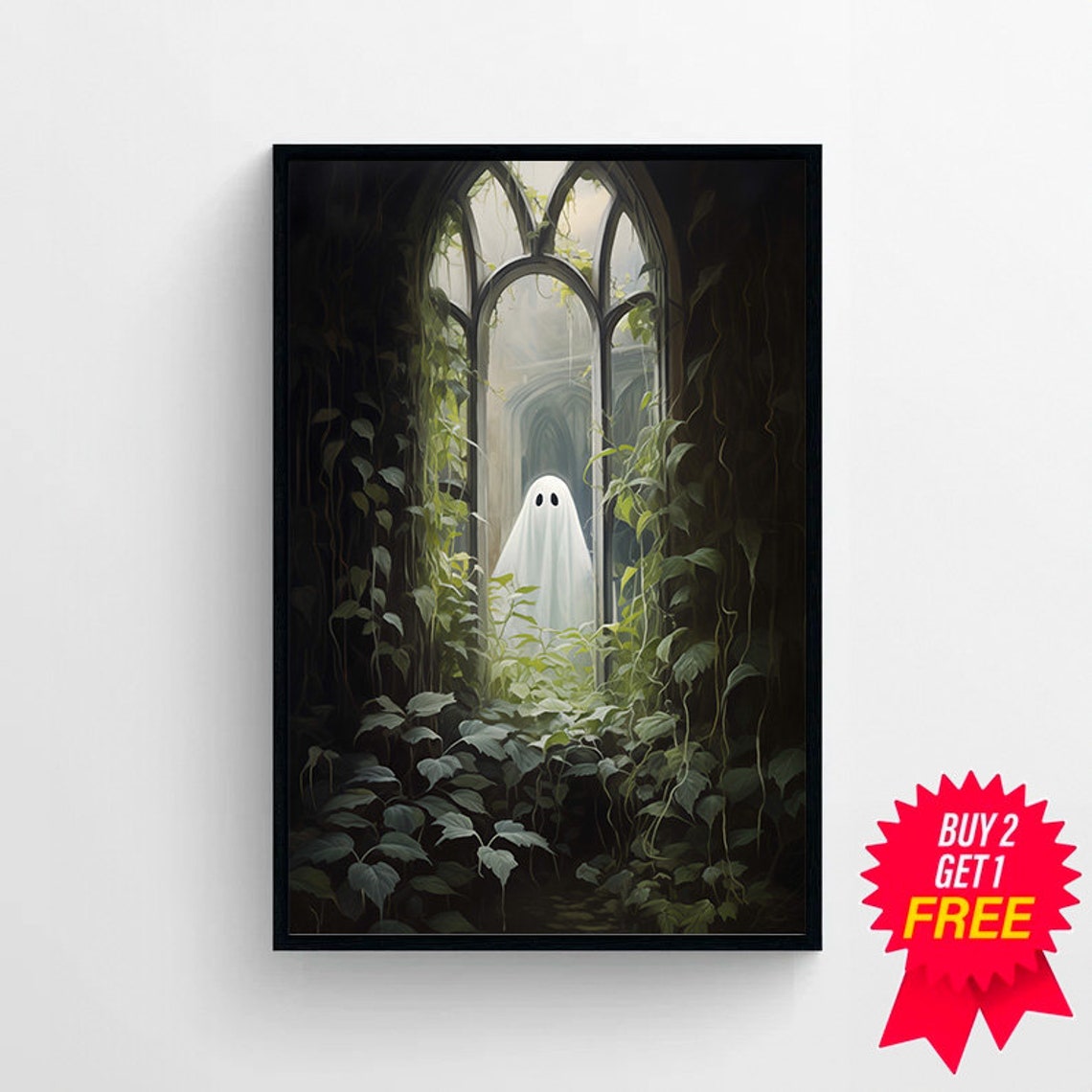Ghost Peeking at a Vine-Covered Gothic Arch Ruined Window Poster - Image 4