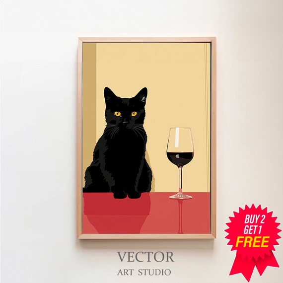 Black Cat Sitting Calmly Beside a Tall Glass of Red Wine Poster