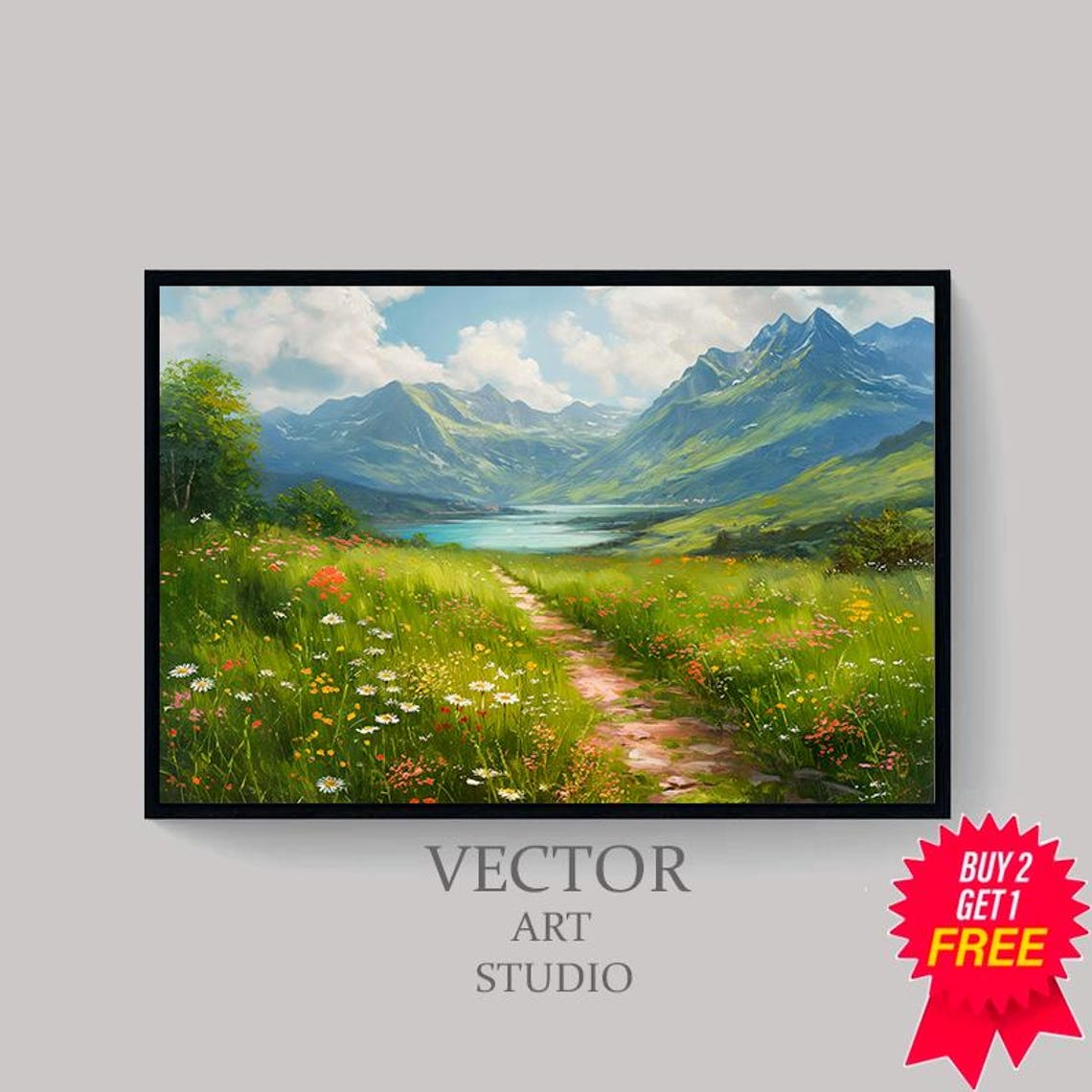 Rustic Country Field Artwork Perfect For Home Refresh Vintage Landscape Mountain Spring Meadow Painting - Image 4