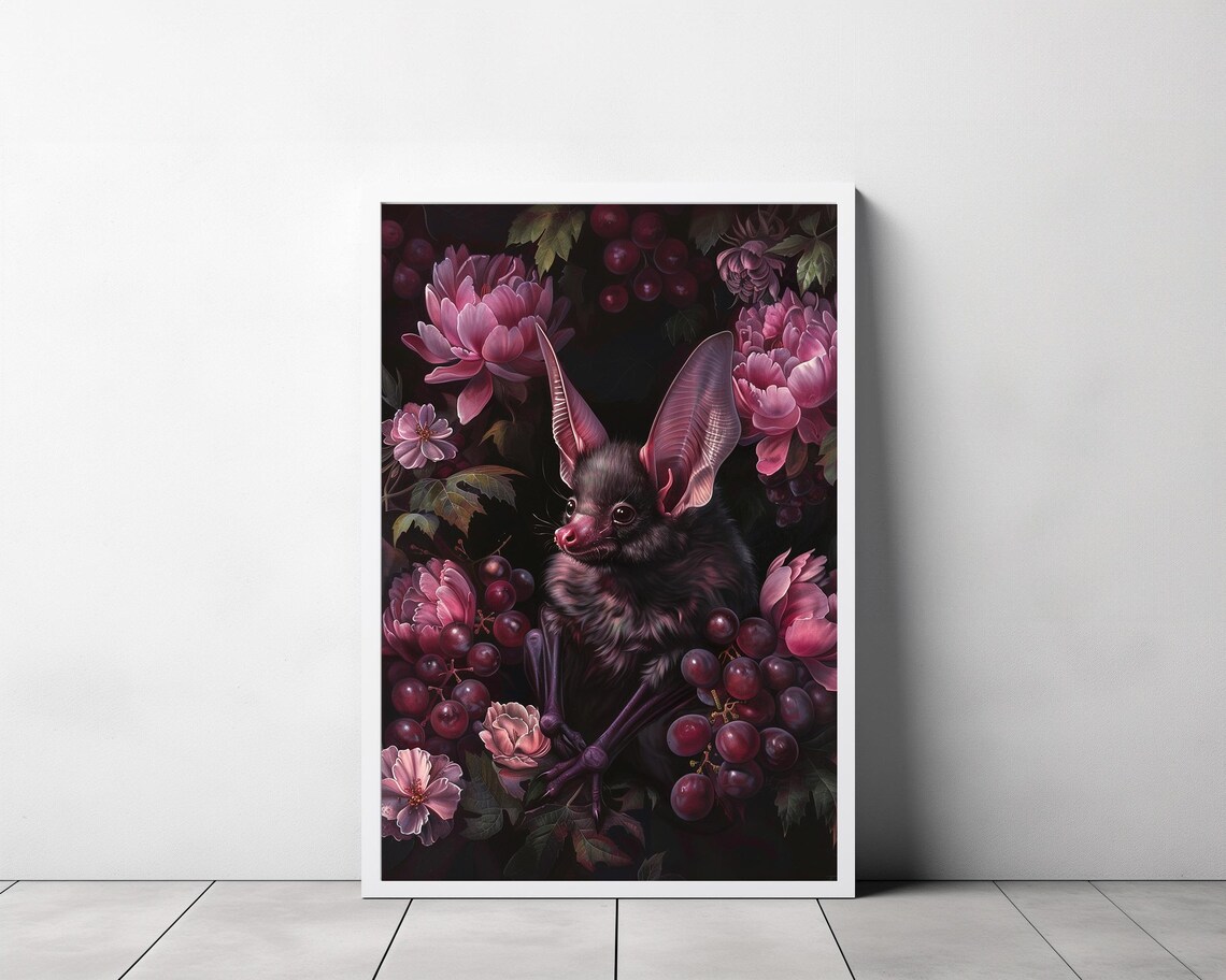 Fruit Bat Among Pink Peonies and Dark Grapes Gothic Floral Art Print - Image 3