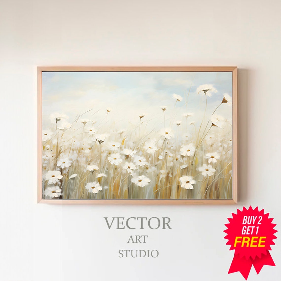 White Daisies in a Sunlit Meadow Soft Botanical Wildflower Poster