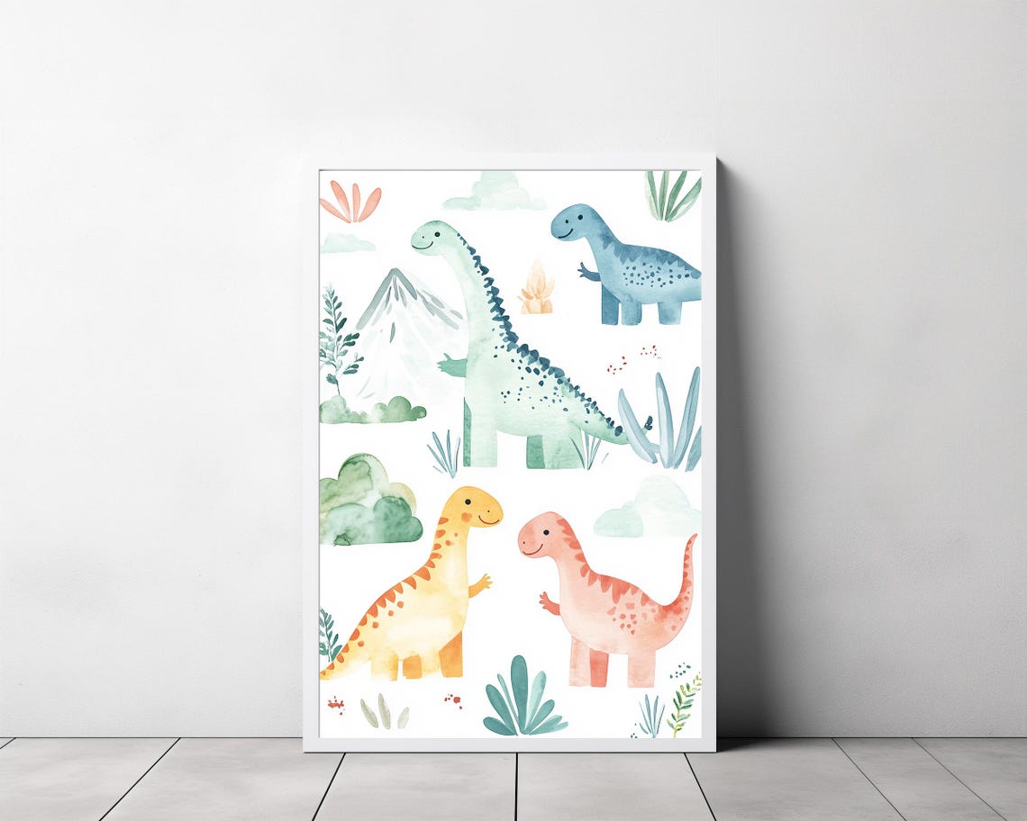 Four Cute Baby Watercolor Dinosaurs on a Clean Kids Nursery Wall Art - Image 3
