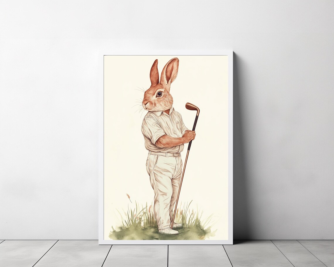 Rabbit Golfer in White Outfit Leaning on a Vintage Golf Club Poster - Image 3