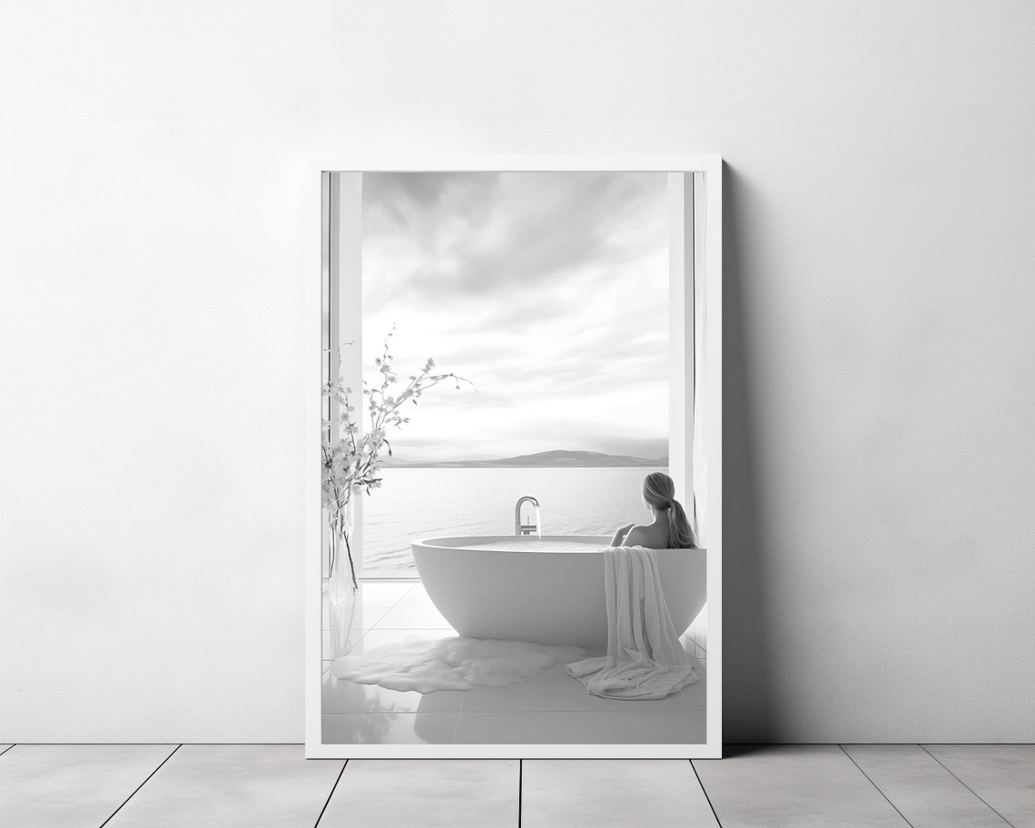 Woman Relaxing in a Bathtub by an Ocean View Window Photo Style Poster - Image 3