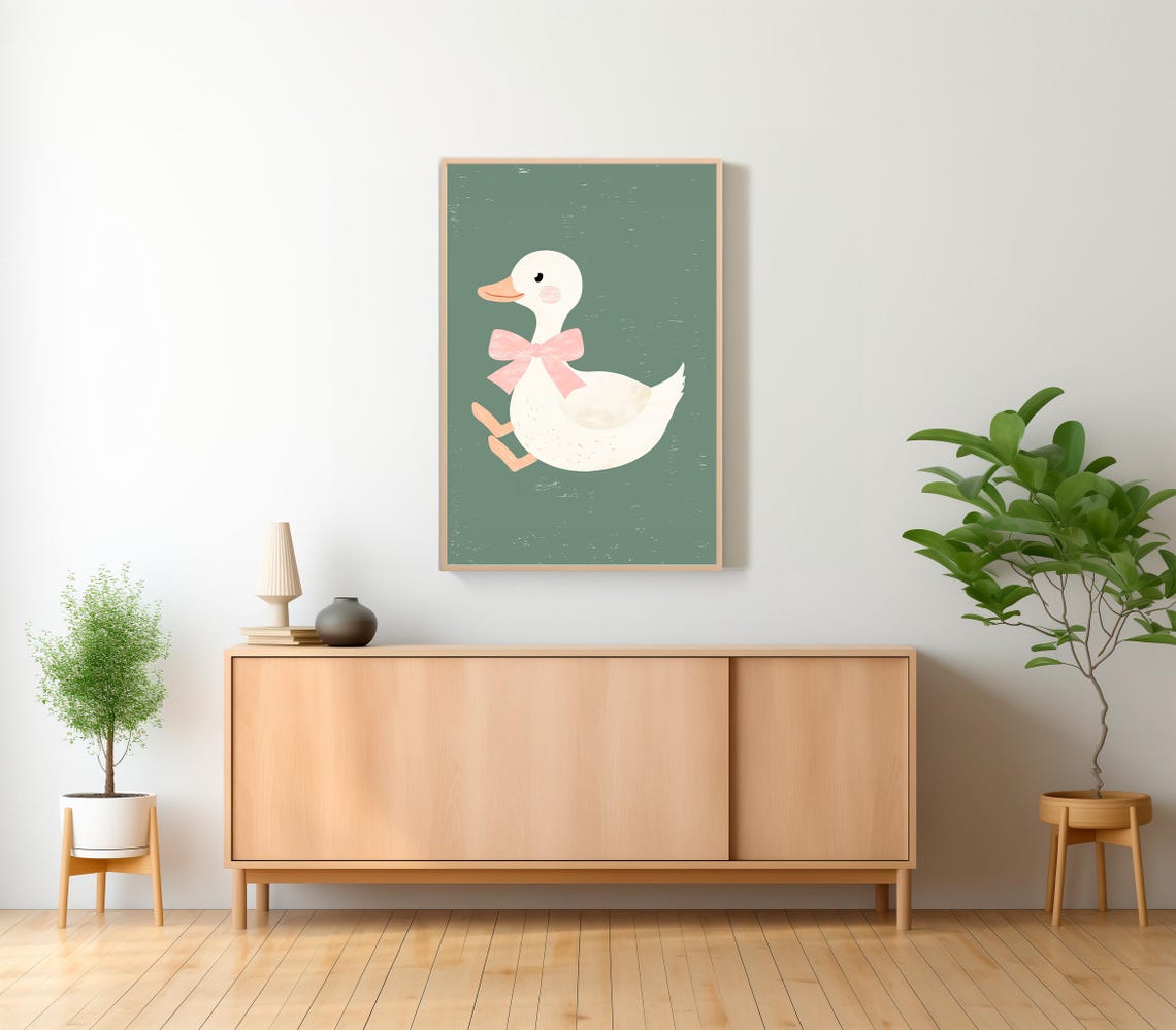Cute Blushing Duck With Pink Bow on Sage Green Nursery Poster - Image 2