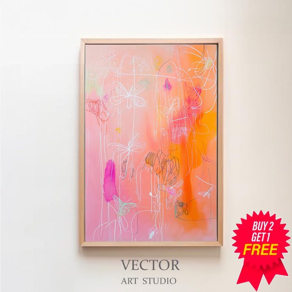 Delicate Line Art Butterflies On A Peach Watercolor Wash Poster