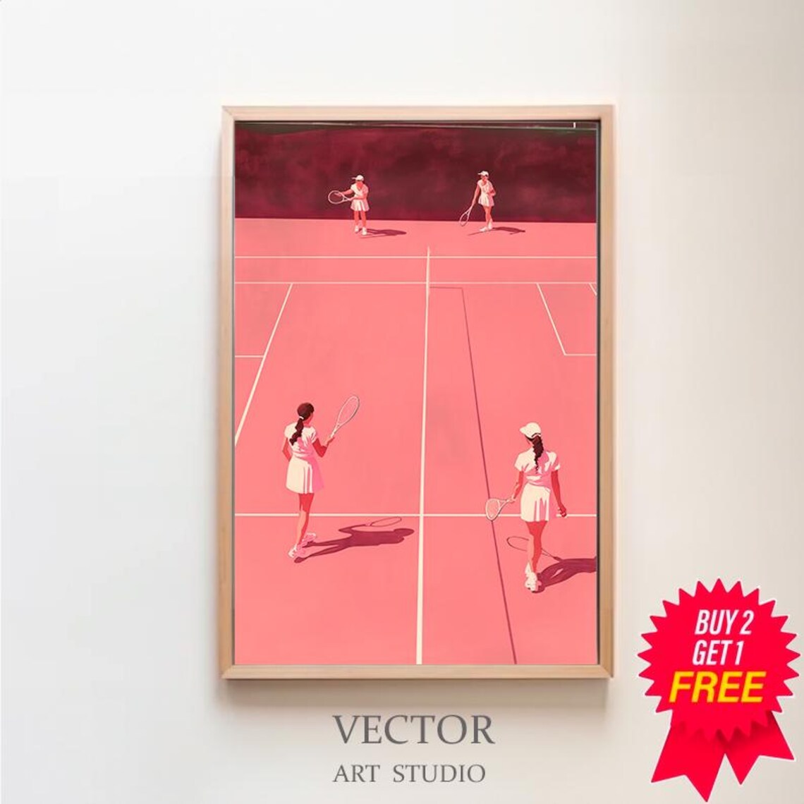 Pink Tennis Court Minimalist Illustration with Four Players Poster