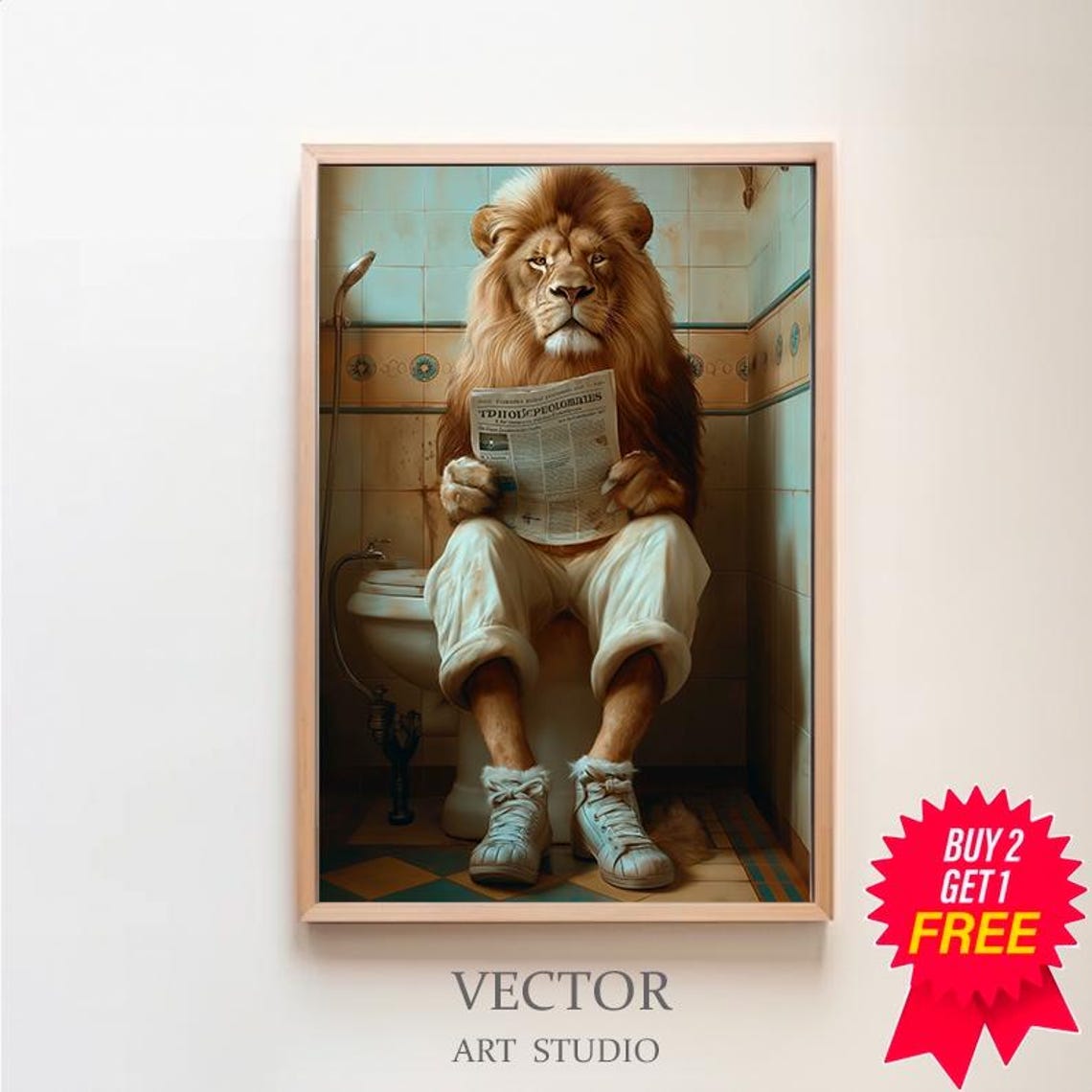 Funny Lion in Shorts and Sneakers Reading on Toilet Bathroom Poster