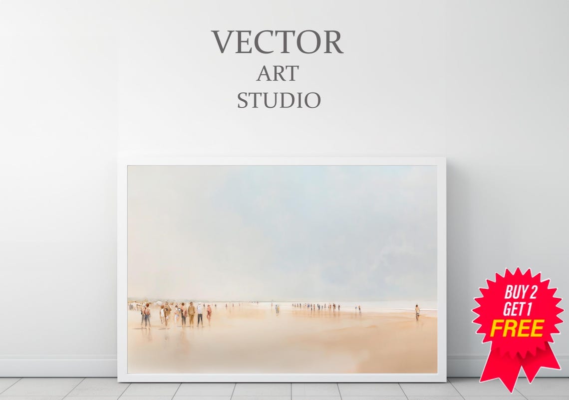 Minimalist Misty Beach With Walkers Coastal Watercolor Wall Art - Image 3