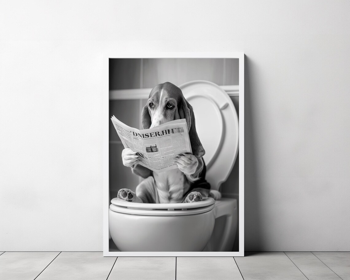 Basset Hound Reading Newspaper on Toilet Funny Bathroom Poster - Image 3