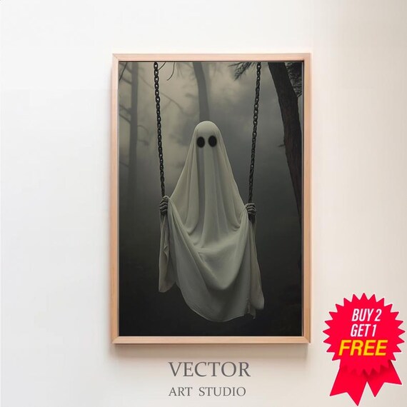 Sheet Ghost Holding Swing Chains in Foggy Gray Forest Poster