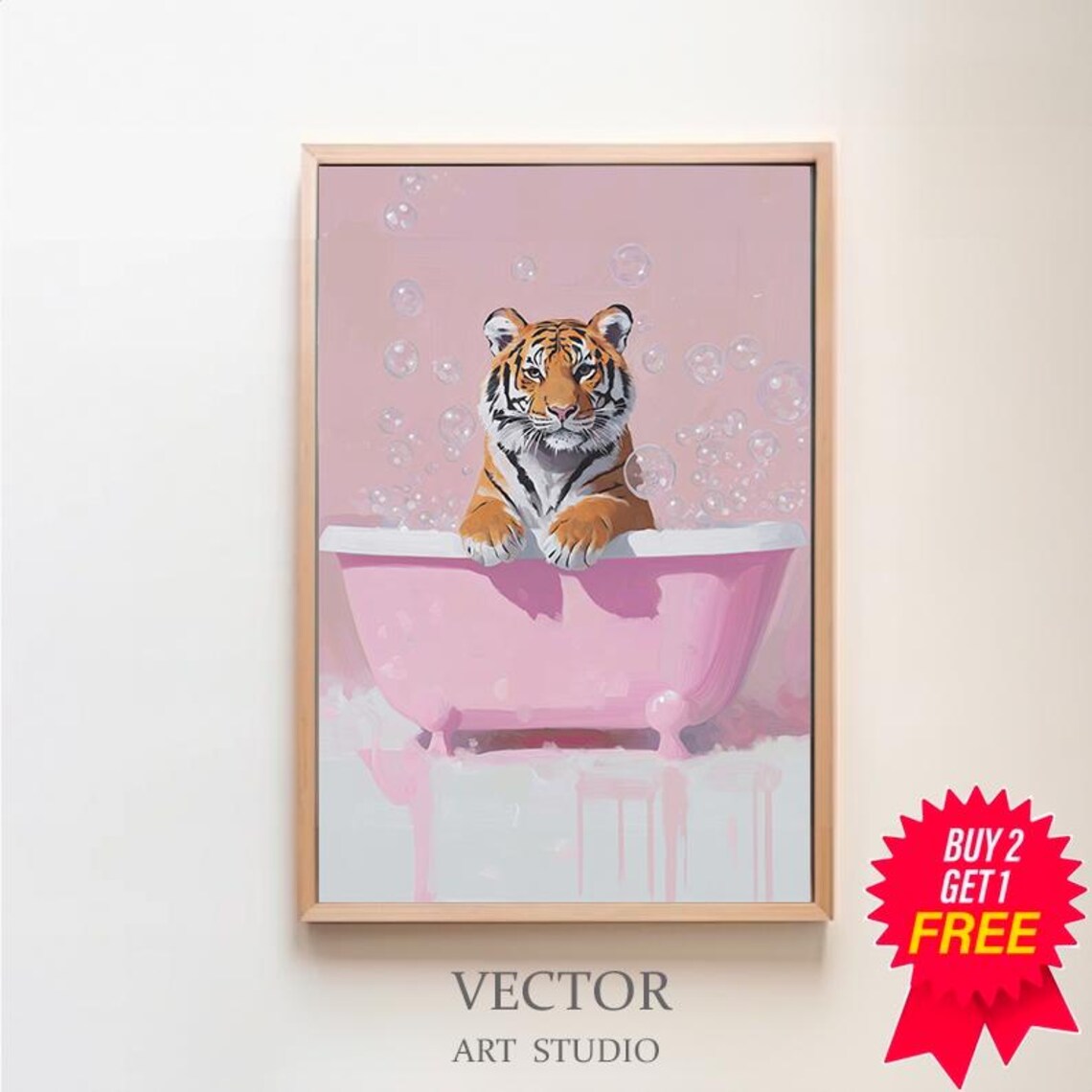 Tiger Cub Taking a Bubble Bath in a Pink Tub Whimsical Art Poster