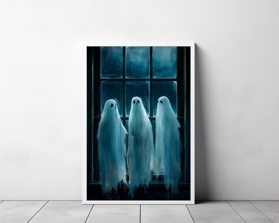Three Ghosts Looking Out A Window At Night Spooky Halloween Poster - Image 3